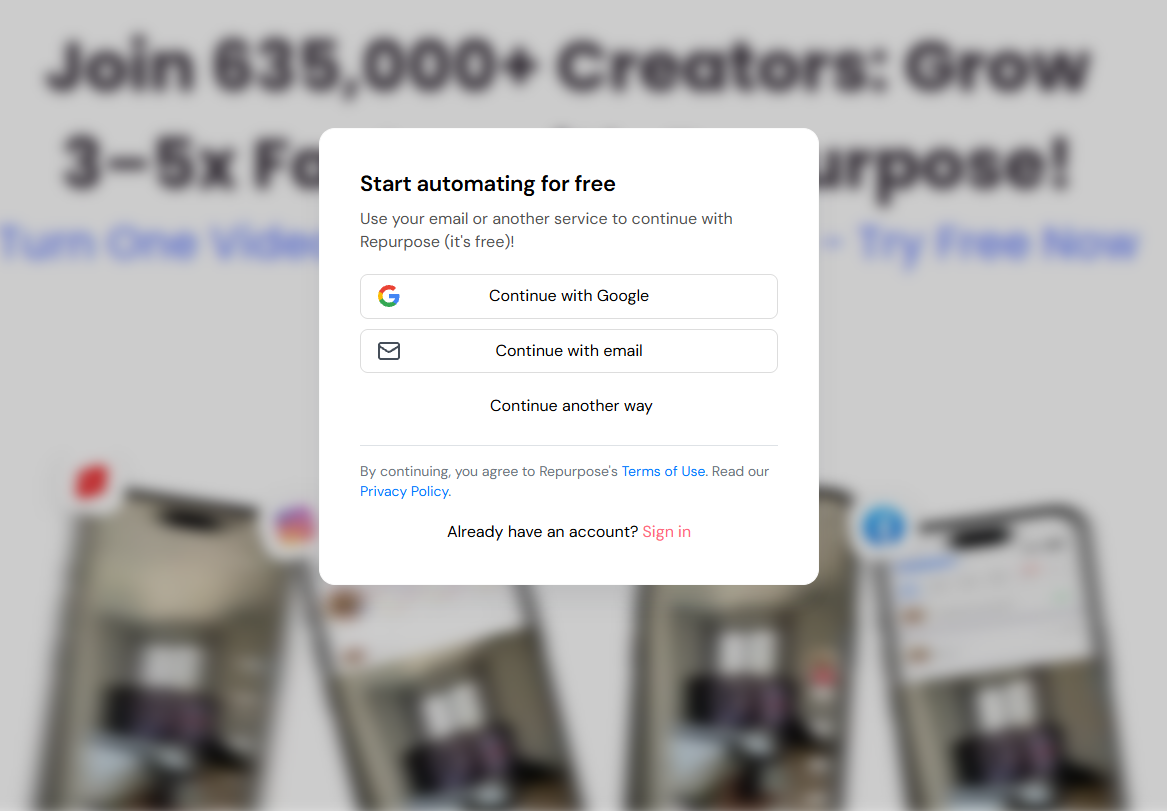 Repurpose.io login screen displaying email and password fields for account access.
