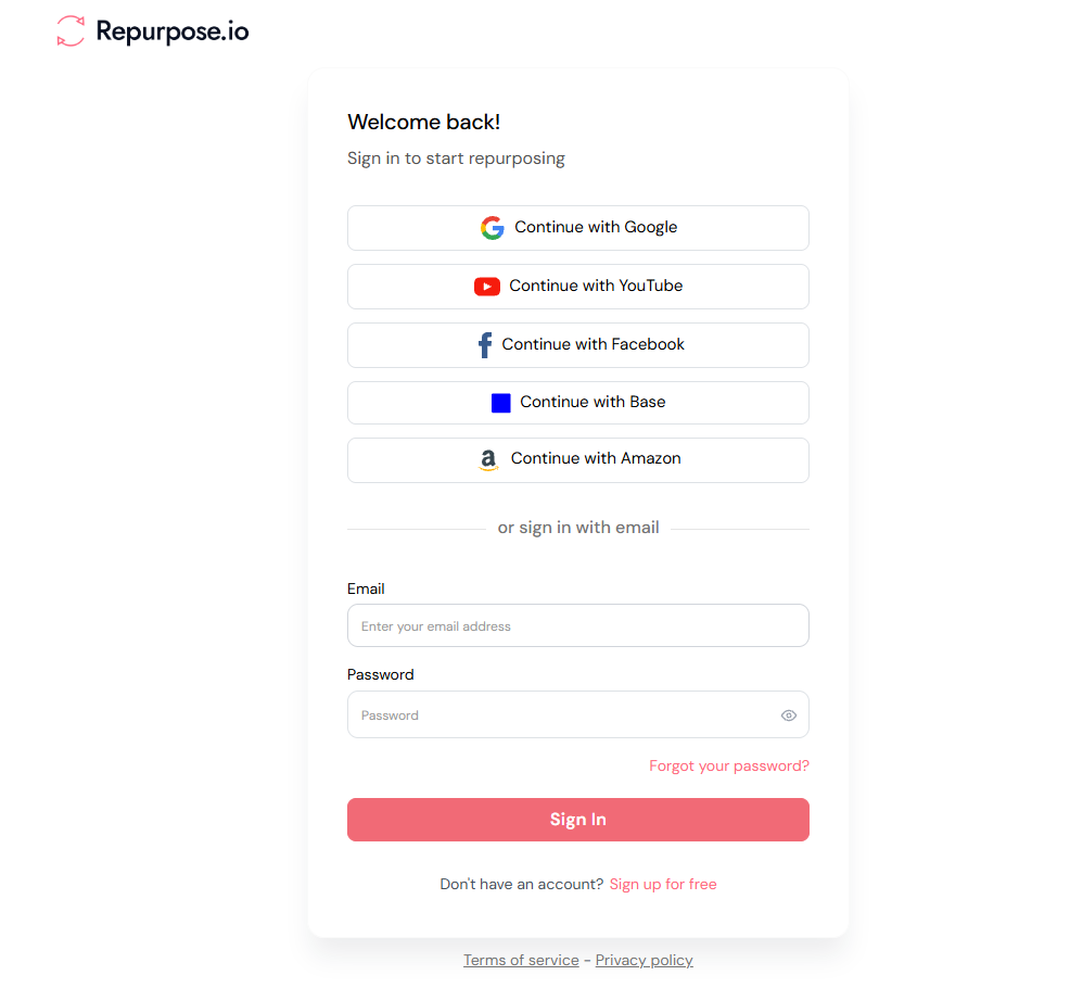 Screenshot of the Repurpose.io signup form showing fields for name, email, and password creation.